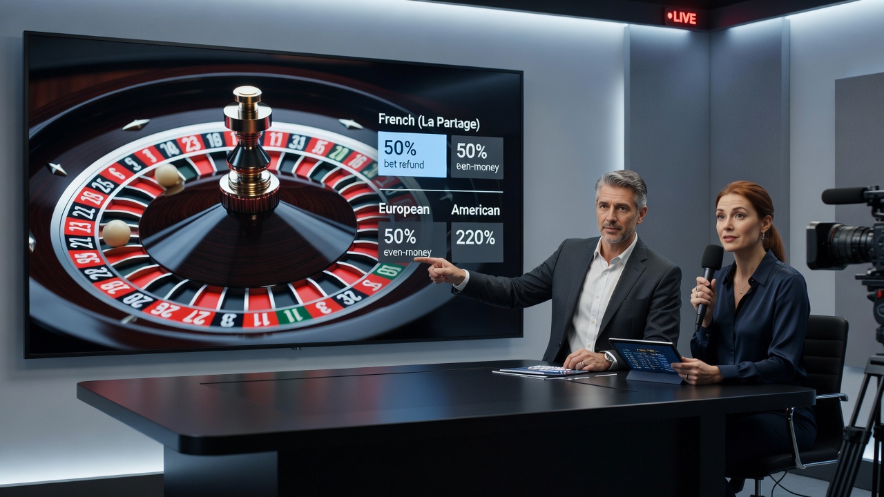 Live dealer at a French roulette table interacting with the wheel during a streamed session with betting layout visible